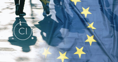 European Union Flag with Citizenship Invest Logo and Walking People on the Street, showing the ETIAS impact on Europe and Schengen Visa in 2024