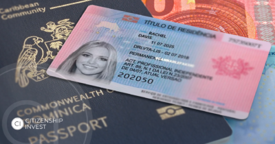 Close-up of residence permit and Dominica passport on euro notes, symbolizing citizenship by investment