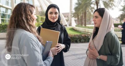 Middle Eastern female students in discussion on university campus, representing global education access