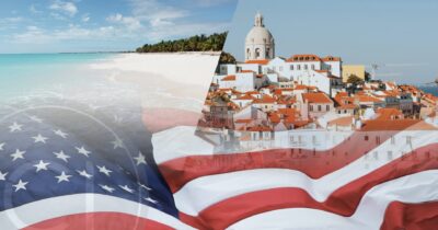 American flag overlay on tropical beach and European town – symbolizing U.S. citizens exploring second residency and citizenship abroad