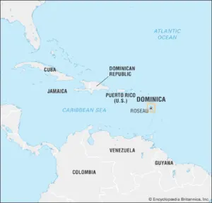 Dominica Citizenship by Investment map with island facts, capital Roseau, Eastern Caribbean location, and Nature Island highlights