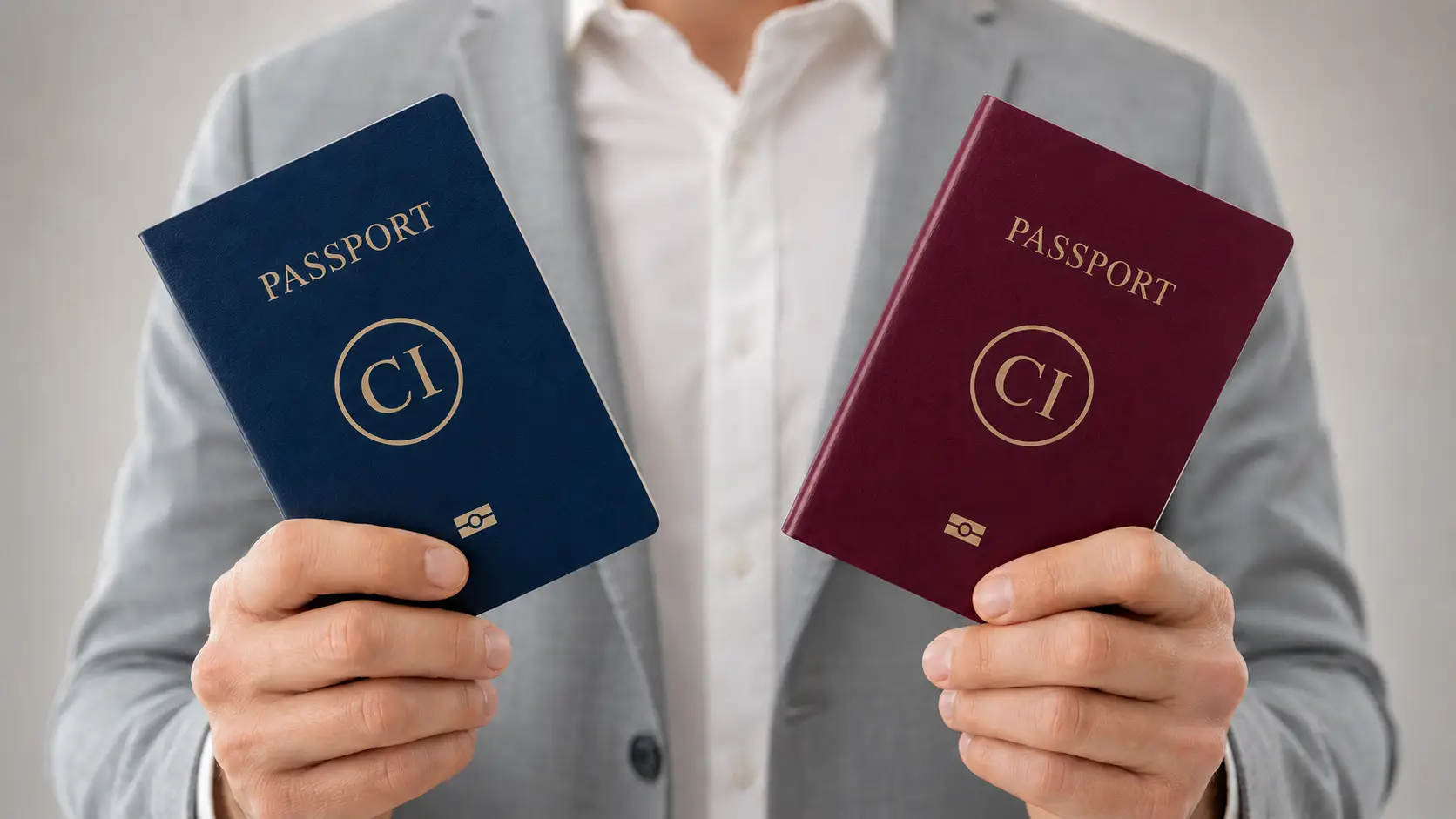 CBI Law Changes: 7 Critical Risks and Protections 1 Medium close-up of a person wearing a white shirt and light gray suit jacket holding two passports toward the camera. In their right hand is a navy blue passport and in their left hand is a burgundy passport. Both covers display the word "PASSPORT" at the top and a gold circular emblem containing the letters "CI" in the center.