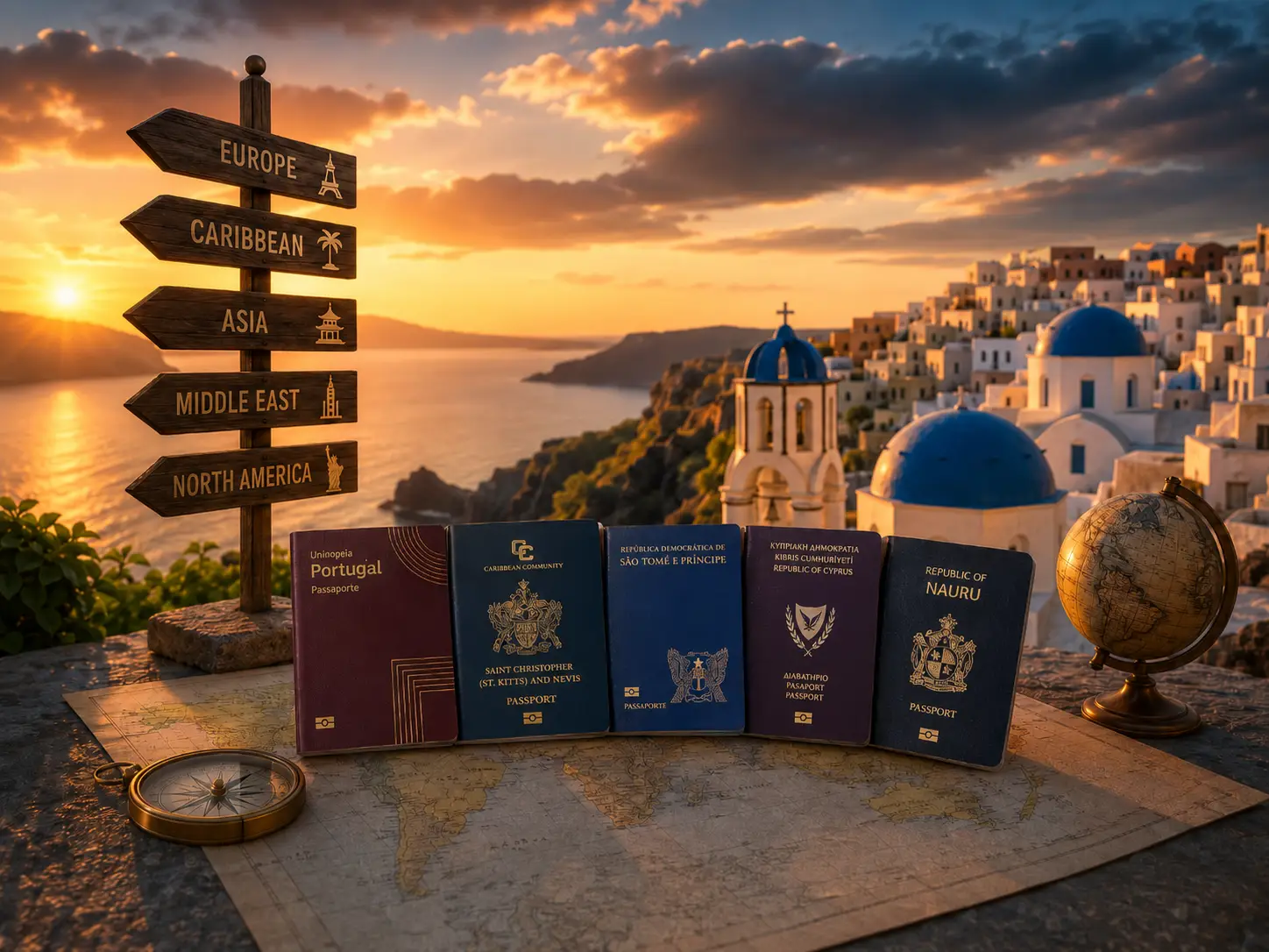 Citizenship Program for Families: Which Covers the Most Members in 2026? 1 Five passports labeled Europe, Caribbean, Asia, Middle East, and North America Citizenship sitting on a map next to a directional wooden sign, a compass, and a globe, set against a sunset over a Mediterranean coastal village.