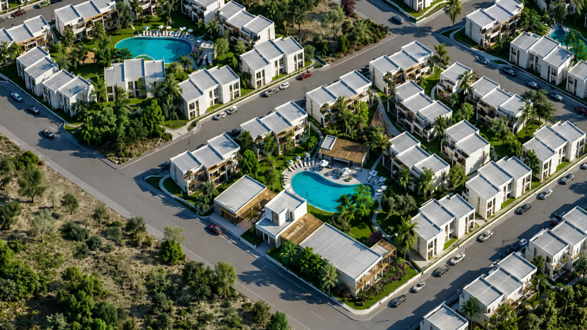 Greece Golden Visa Citizenship: How It Works in 2026 3 Aerial drone view of a modern luxury residential neighborhood featuring white two-story villas, paved streets, lush green palm trees, and two large swimming pools. (Greek Golden Visa Citizenship)