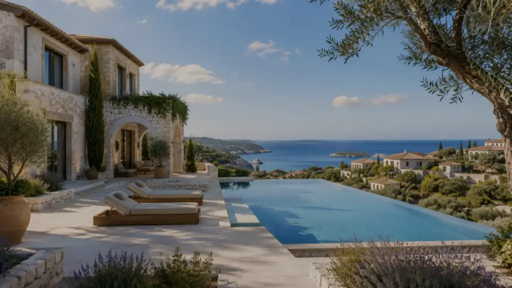 Greece Golden Visa Citizenship: How It Works in 2026 4 A luxury Mediterranean stone villa featuring arched doorways, an infinity edge pool overlooking the sea, and sun loungers set on a stone patio under a clear sky. (Greek Golden Visa Citizenship)